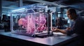 A striking image of a 3D bioprinter crafting intricate tissue scaffolds for regenerative medicine, under precise control and