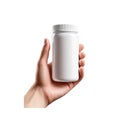 Female hand holding a white plastic bottle of pills isolated on white background Ai generative Royalty Free Stock Photo