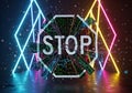 Stop Sign - Cyber Security Concept with Neon Lights and Glitch Effect Royalty Free Stock Photo