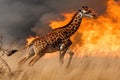 Giraffe evading encroaching fire, grassland ablaze, survival instinct, generative AI