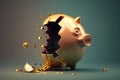 striking image of a golden bitcoin bursting through a broken traditional piggy bank, symbolizing the impact of cryptocurrency