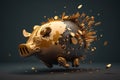 striking image of a golden bitcoin bursting through a broken traditional piggy bank, symbolizing the impact of cryptocurrency