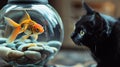 Perilous Encounter: Goldfish Threatened by Stealthy Black Cat