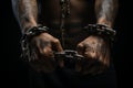 Hands of a man tied with chains, on a black background Ai generative Royalty Free Stock Photo