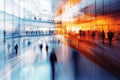 A striking image of a large office building, with a motion blur effect capturing the busy flow of