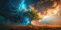 A striking image of lightning hitting a tree in a field. Perfect for illustrating the power of nature Royalty Free Stock Photo