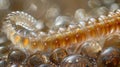 A striking image of a long wormlike egg with a segmented body and a pointed end. The egg has a shiny almost metallic