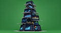 Digital Data Analytics on Multiple Laptop Screens Towering Over Green Background Royalty Free Stock Photo