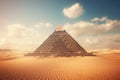 A striking image of a pyramid standing tall amidst the vastness of a serene desert, contrasting with the blue expanse of the sky,