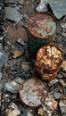 Striking image of rusty oil barrels symbolizing crude oil extraction and resource dependency Royalty Free Stock Photo