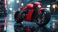 red motorcycle parked on wet surface