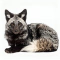 Captivating silver fox portrait, showcasing unique markings lying calmly on white background Royalty Free Stock Photo