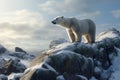 Solitary Polar Bear on Rocky Outcrop in Snowy Arctic Landscape, Winds Creating Movement and Energy