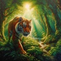 A striking image of a tiger navigating the rich greenery of the jungle, illuminated by the warm sun.