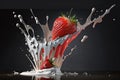 Strawberry in milk splash on black background Royalty Free Stock Photo