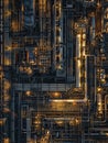 A striking industrial landscape featuring an intricate, maze-like assemblage of metallic pipes, ducts, and machinery in Royalty Free Stock Photo