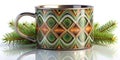 A Striking Infinity Mug on a Polished Steel Plate Featuring Frosted Pine Branches a Dynamic Zigzag Pattern and