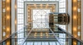 Modern glass atrium with elevator and geometric ceiling design Royalty Free Stock Photo