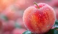 A striking macro image capturing water droplets clinging to the vibrant, red surface of an apple, each droplet reflecting light