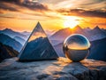 A Striking Modern Marble Sculpture Mountain Silhouette with Sphere and Triangle Forms Evoking Majesty and Simplicity Royalty Free Stock Photo