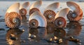 Nautilus Shells Arranged on Wet Sand Beach at Sunset Royalty Free Stock Photo