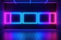 Striking Neon blue red brick wall big lights. Generate AI