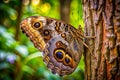 A Striking Owl Butterfly Perched on a Harmonious Tree Trunk A Masterpiece of Natures Color Coordination Royalty Free Stock Photo