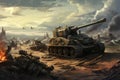A striking painting capturing a military tank standing prominently in the heart of a barren desert., Modern artillery and anti- Royalty Free Stock Photo