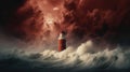 Beacon of Resilience: A Red and White Lighthouse Standing Strong in a Heavy Storm