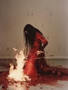 Woman in red dress with blood on her body and a burning fire