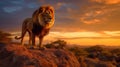 In this striking photograph, a majestic lion in the background, unusually large and powerful, sits gracefully in the prairie.Gener Royalty Free Stock Photo