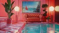 Striking Pink Themed Room with Swimming Pool in Digital Surrealism Style