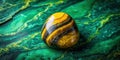 Striking polished tiger eye stone resting on a vibrant green marble surface. Generative AI Royalty Free Stock Photo