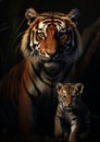 Portrait of tiger with cub against a black background Royalty Free Stock Photo