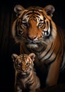 Portrait of tiger with cub against a black background Royalty Free Stock Photo