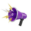 Vibrant purple megaphone emitting yellow and white lightning bolts isolated on white background Royalty Free Stock Photo
