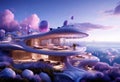 A striking purple wave-shaped building stands by the sea