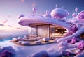 A striking purple wave-shaped building stands by the sea