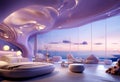 A striking purple wave-shaped building stands by the sea