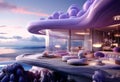 A striking purple wave-shaped building stands by the sea
