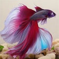 Striking red betta fish gracefully glides through the water, it\'s brilliant colors shining like a fiery gem.