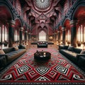 Striking red and black carpet with a bold geometric pattern, ph