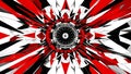 A striking red, black, and white kaleidoscope illustration with twisting arrows and circular patterns creating a