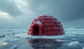 Surreal igloo made of frozen red fruits on ice block. Royalty Free Stock Photo