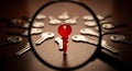 A striking red key magnified, symbolizing the unique solution standing out from the many alternatives. Royalty Free Stock Photo