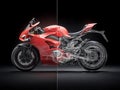 Striking red sports motorcycle with sleek design, split image showing photorealistic left half and technical exploded view right Royalty Free Stock Photo