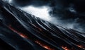 A striking rendering shows fiery light outlining dark ridges against a stormy, celestial sky.