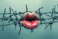 A striking representation of freedom of speech crisis, showcasing lips behind barbed wire in a powerful commentary on Royalty Free Stock Photo