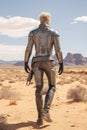 handsome young blond man wearing futuristic suite on a alien desert landscape.