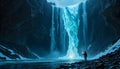 Lone Explorer Facing Massive Frozen Waterfall In Dramatic Arctic Landscape Royalty Free Stock Photo